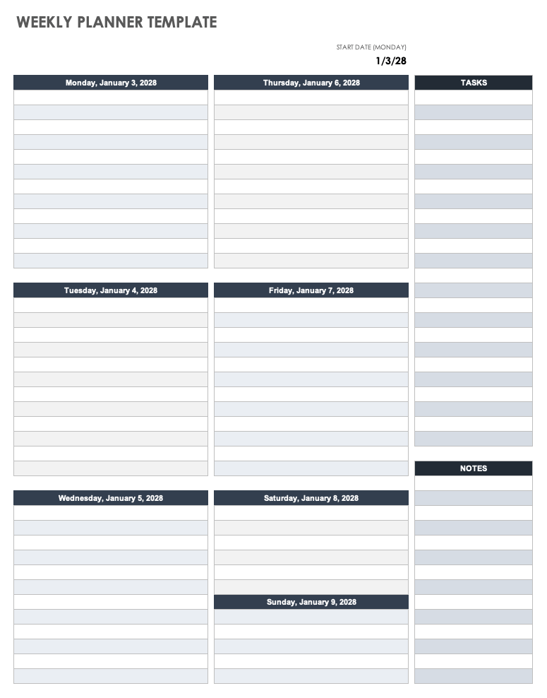 Weekly Admin Planner Inserts, Sunday Start