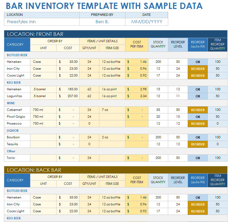 Bar Inventory Template with Sample Data