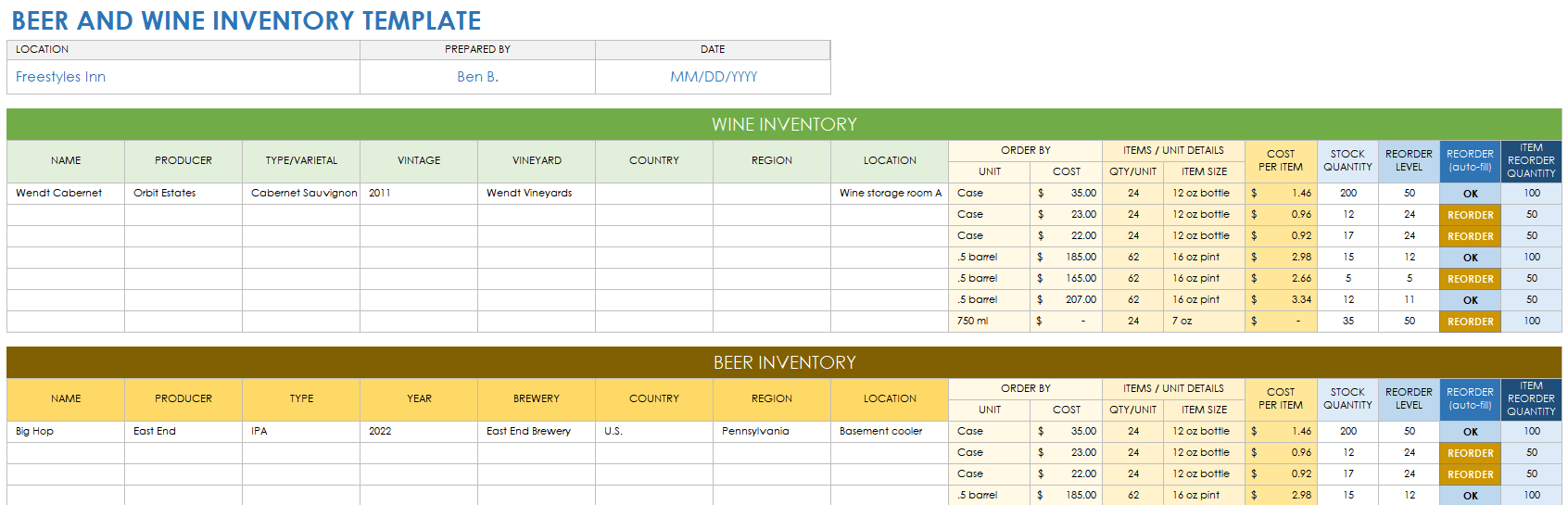 Beer and Wine Inventory Template