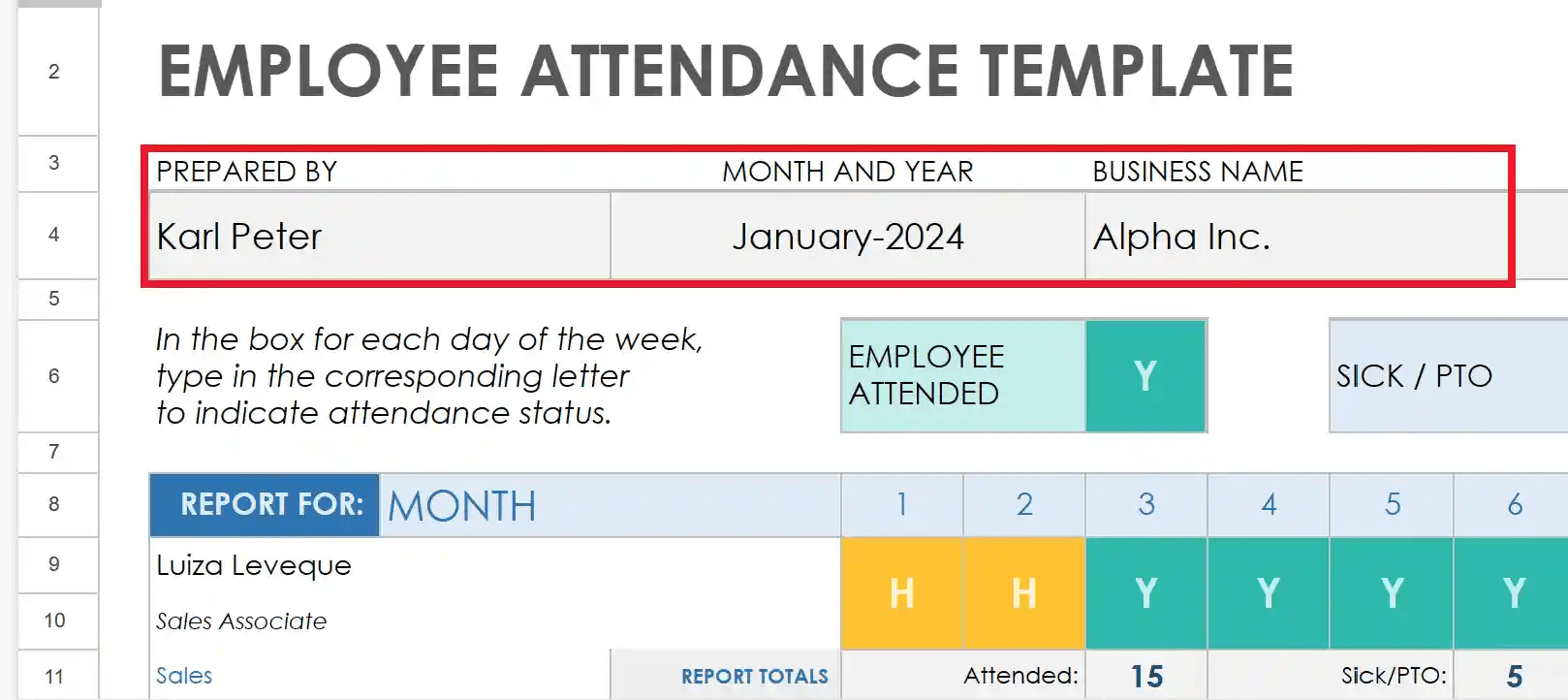 Name Month Year Attendance Sheet in Google Sheets