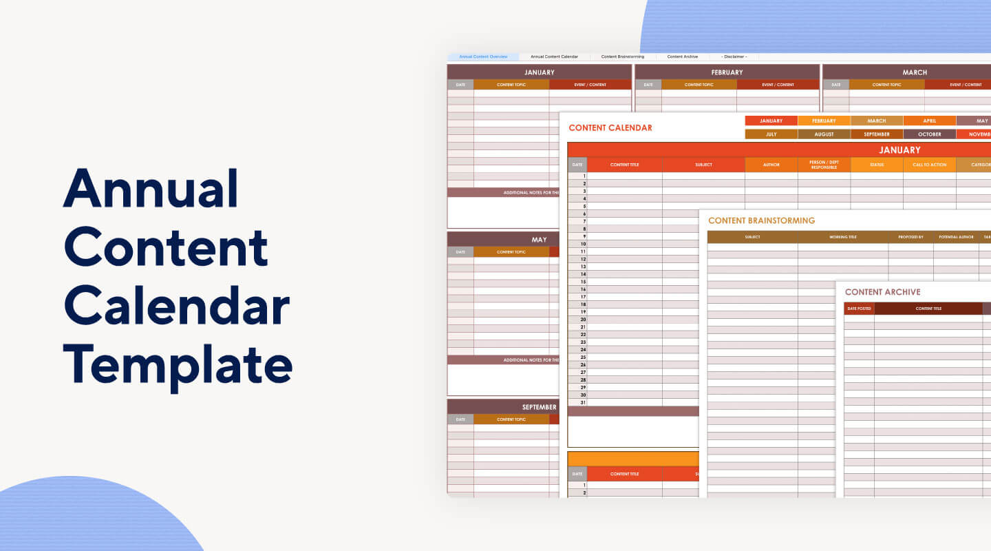 Annual content calendar template with monthly and yearly overviews.
