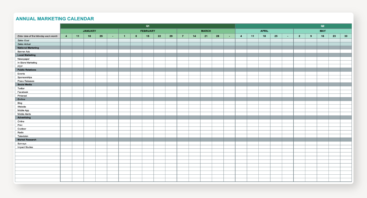 Mockup of an annual marketing calendar template.