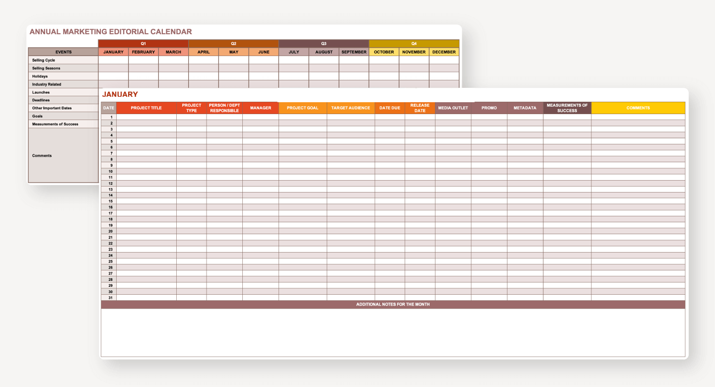 Mockup of an editorial calendar template.