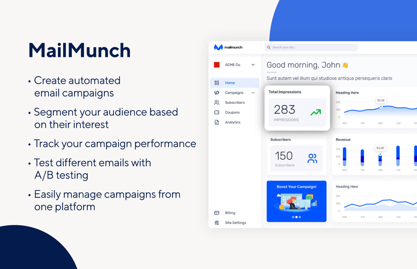 Segment audiences and perform A/B testing with Mailmunch.