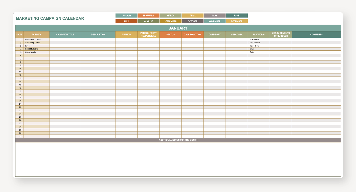 Mockup of a marketing campaign calendar template.