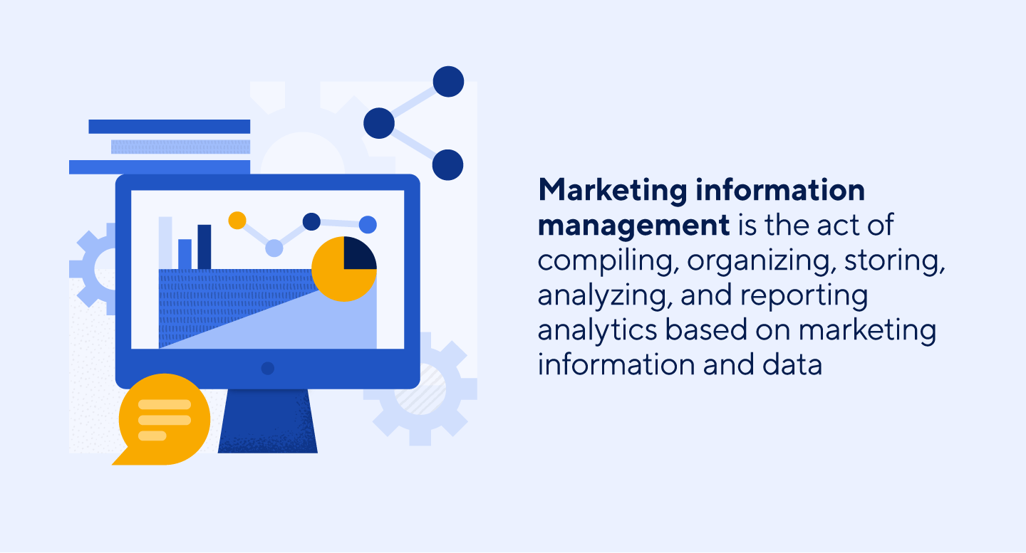 Computer with data graphics and written definition of marketing information management