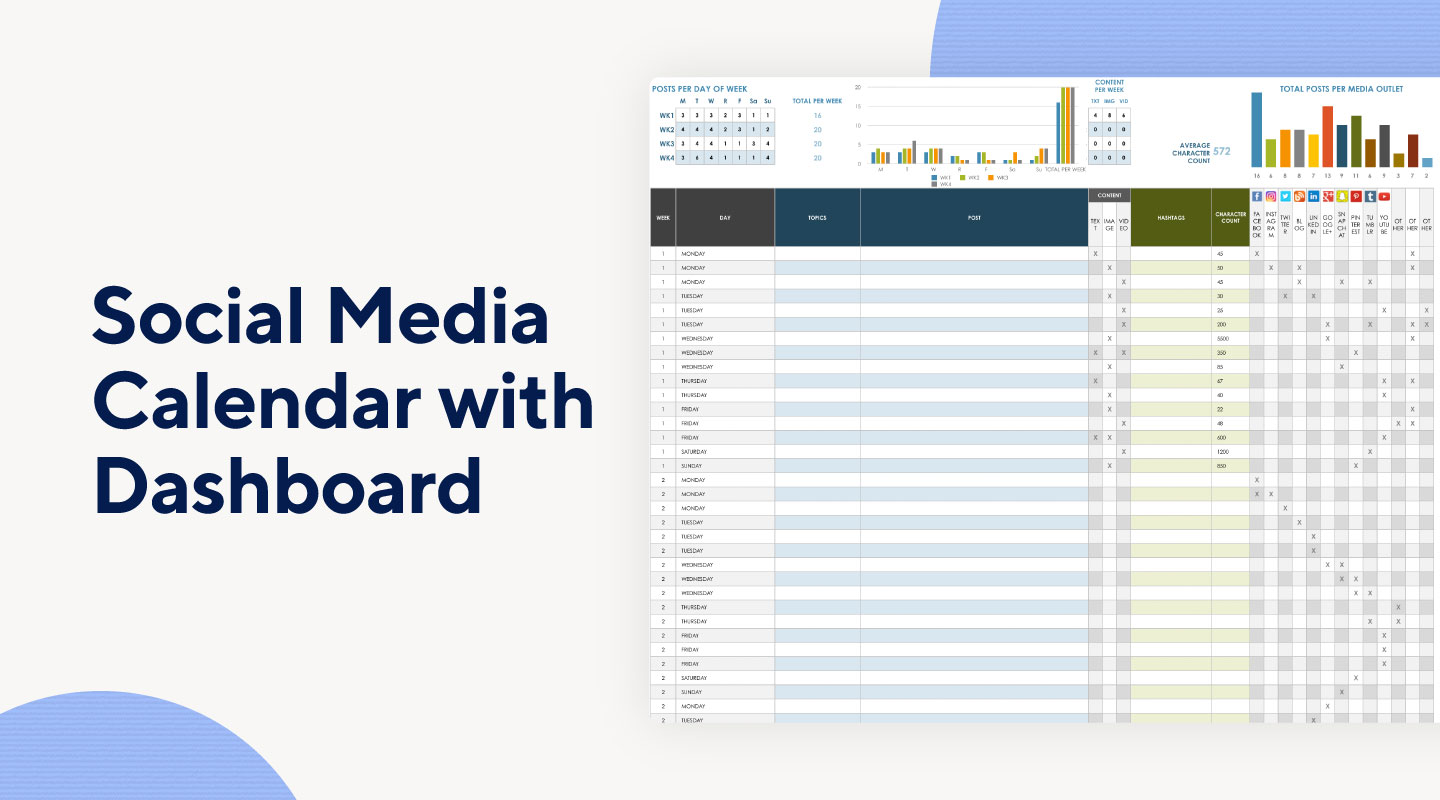 Visualize your calendar by using a social media calendar with dashboard template.