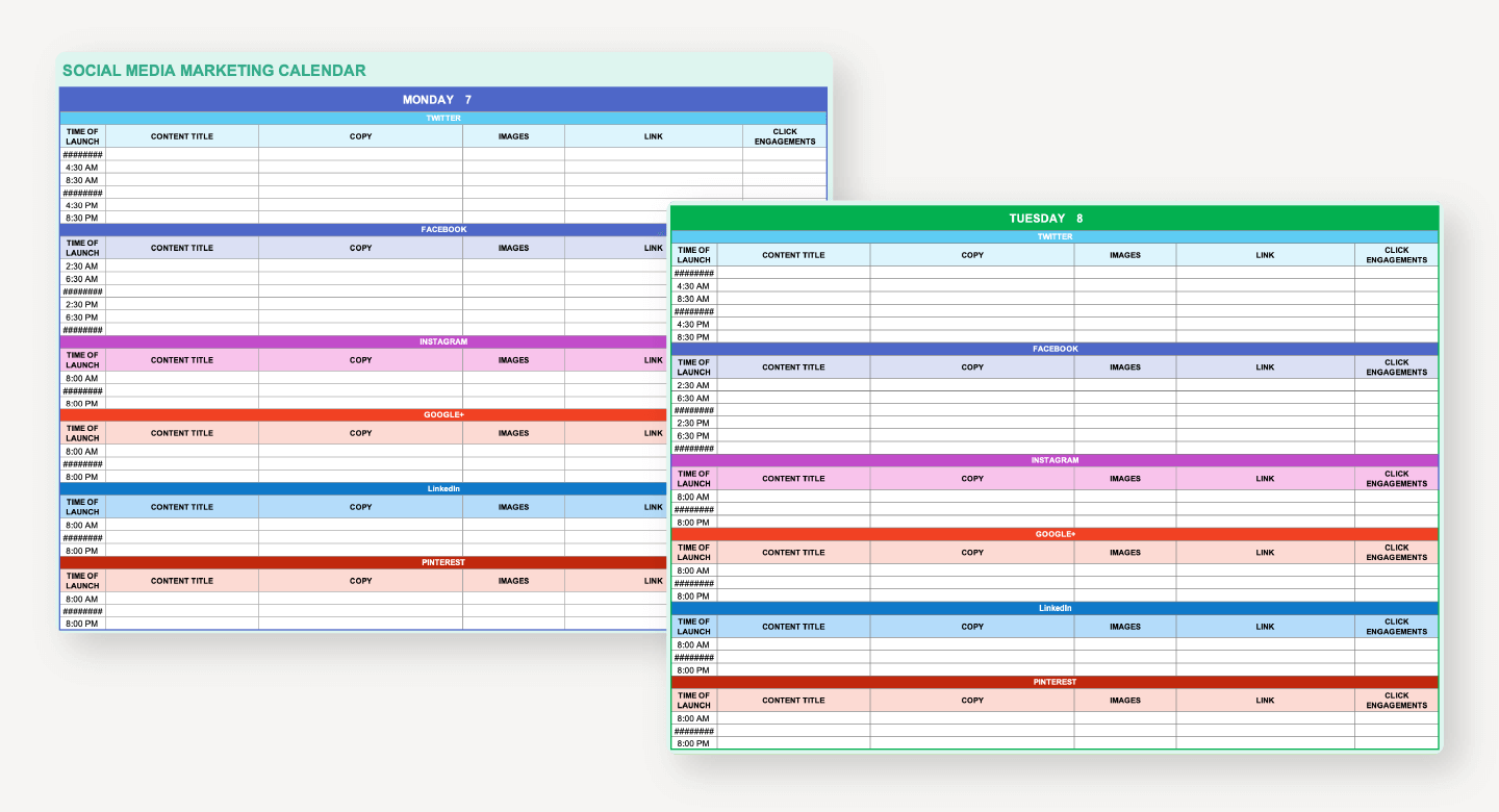 Mockup of a social media content calendar template.