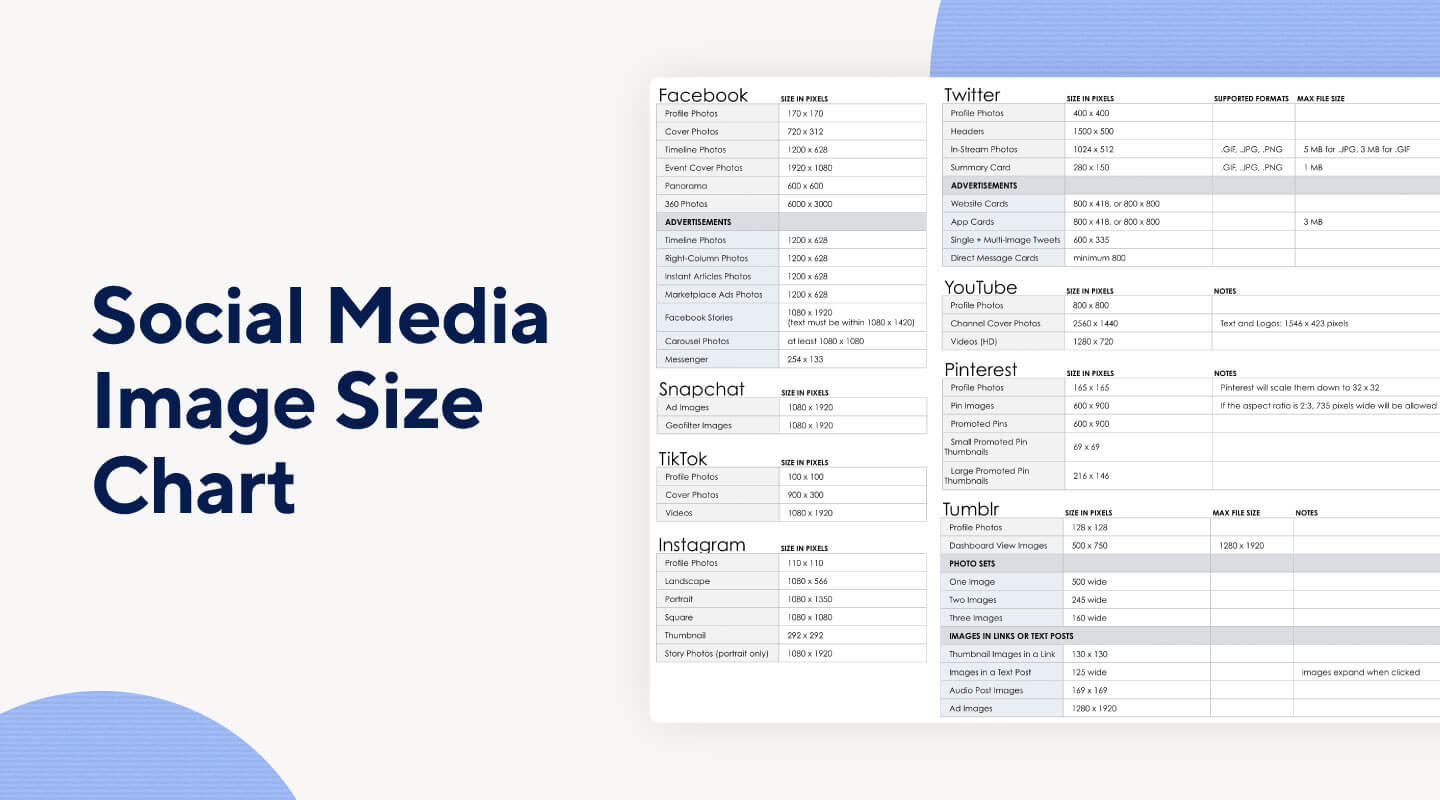 Track the maximum image and video sizes for platforms with a social media image size chart.