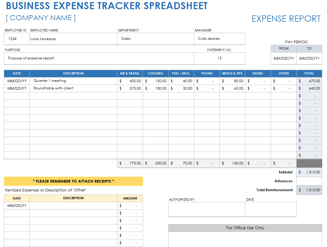 Business Expense Tracker Spreadsheet