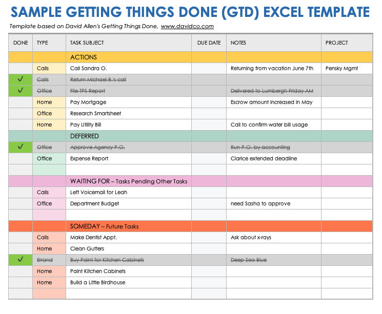 Sample Getting Things Done GTD Template