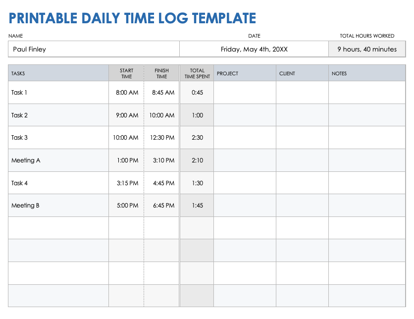 Printable Daily Time Log Template