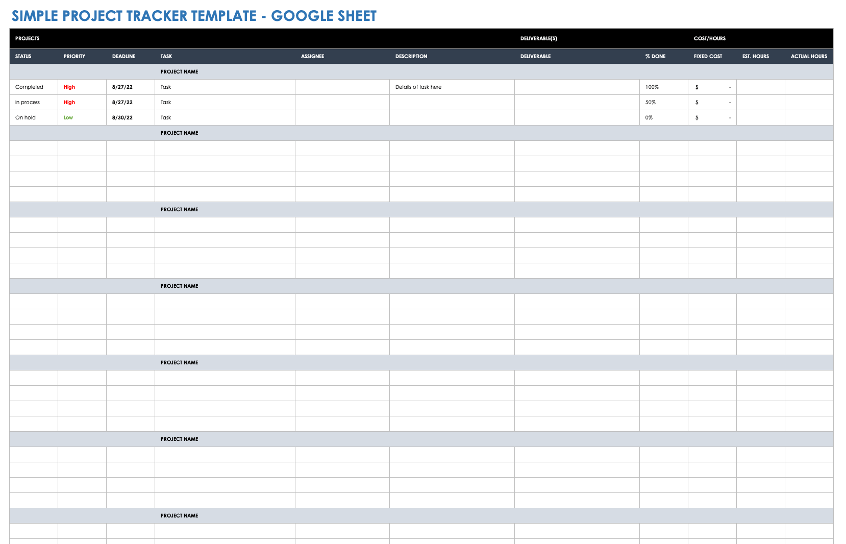 Simple Project Tracker Template Google Sheets