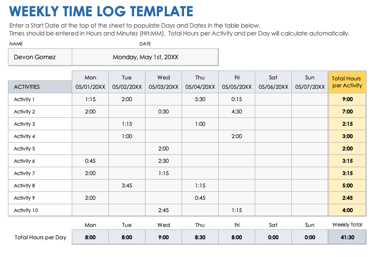 Weekly Time Log Template