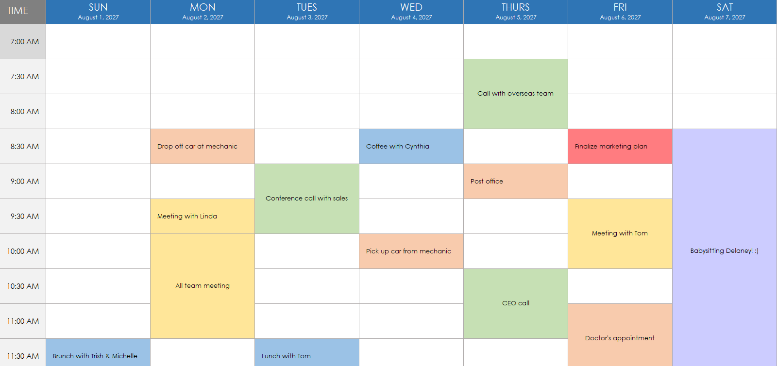 schedule with color