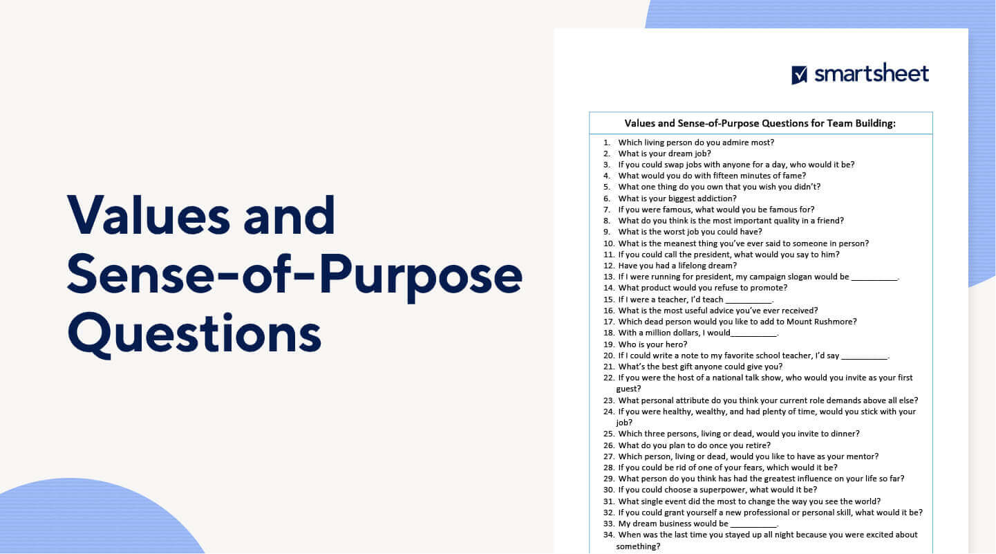 Values and sense-of-purpose questions template mockup.