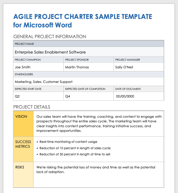 Agile Project Charter Template for Microsoft Word Sample