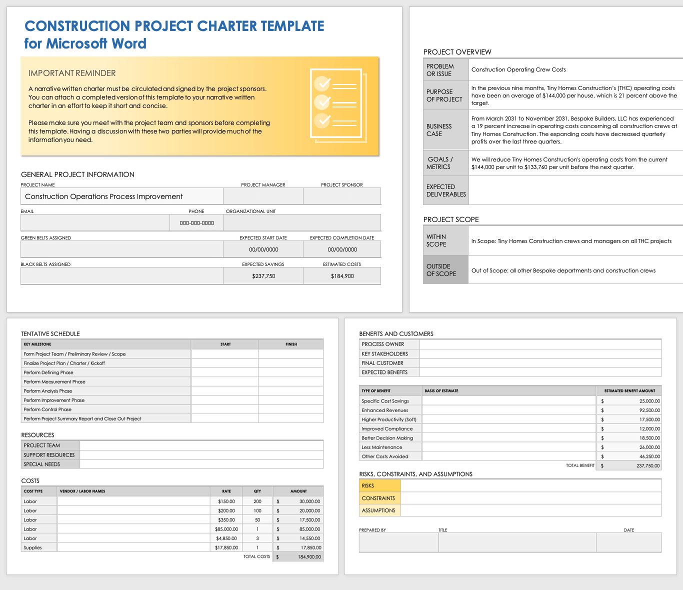 Construction Project Charter Template for Microsoft Word