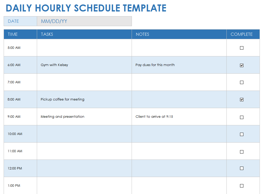 Daily Hourly Schedule Template