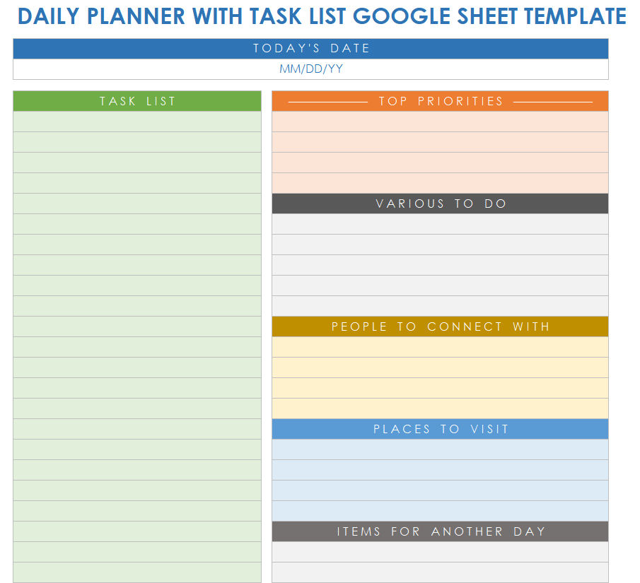 Daily Planner with Task List Template Google Sheets