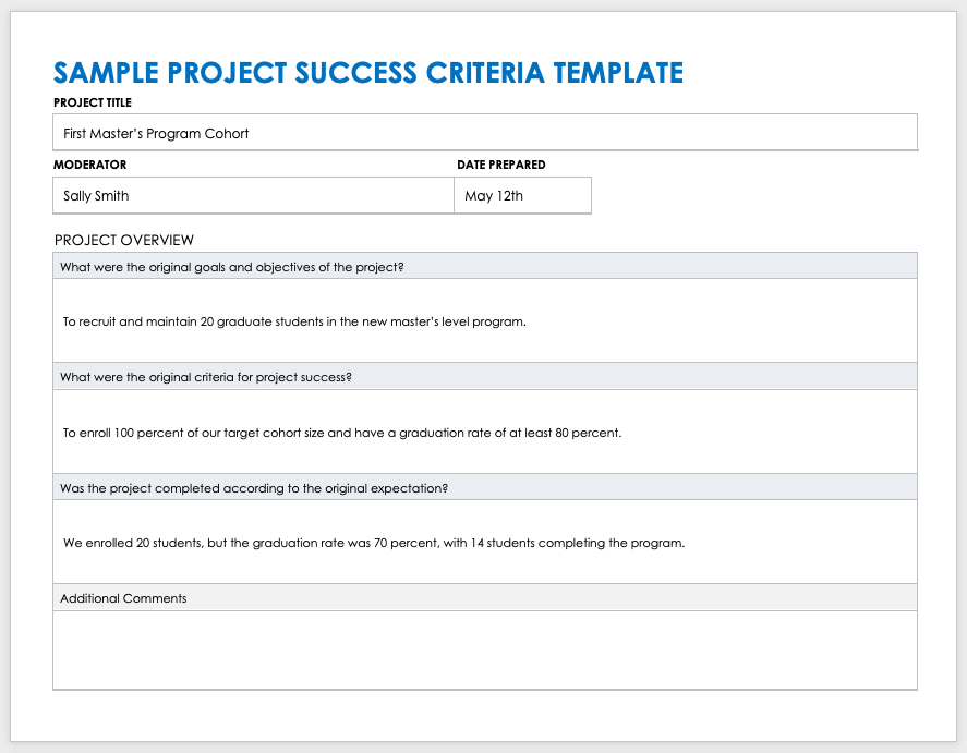 Sample Project Success Criteria Template