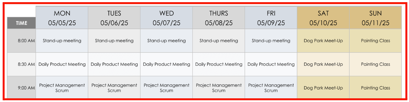 weekly schedule day by day