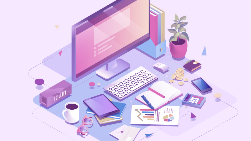 Purple illustration of work desk