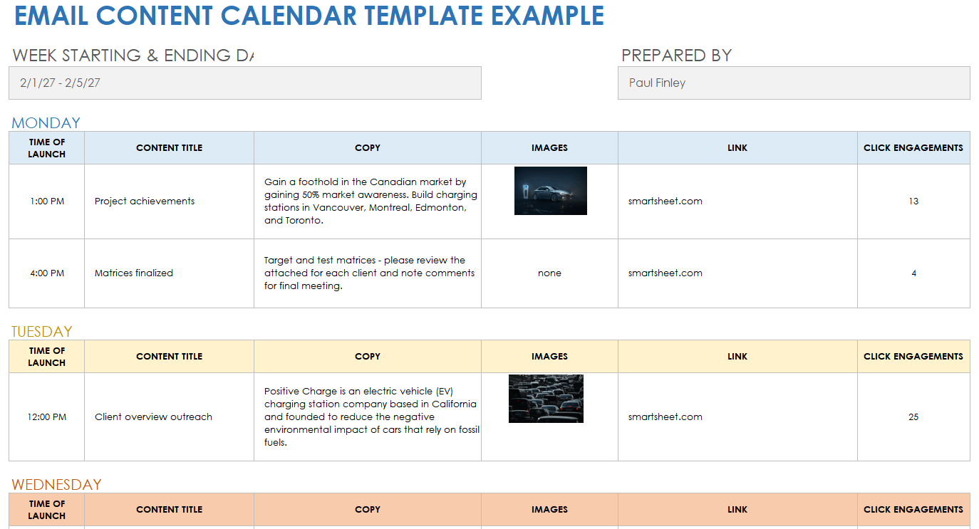 Email Content Calendar Example Template