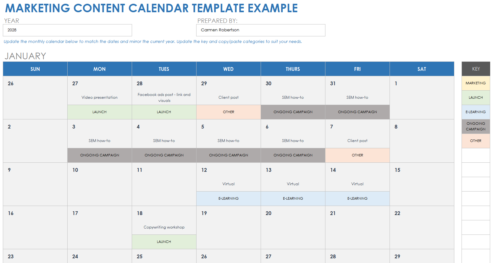 Marketing Content Calendar Example Template