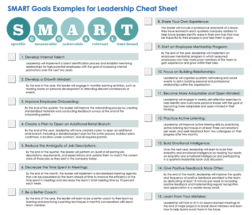 SMART Goals Examples for Leaderships Cheat Sheet