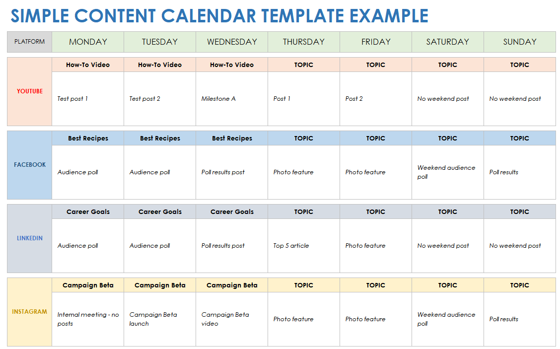 Simple Content Calendar Example Template