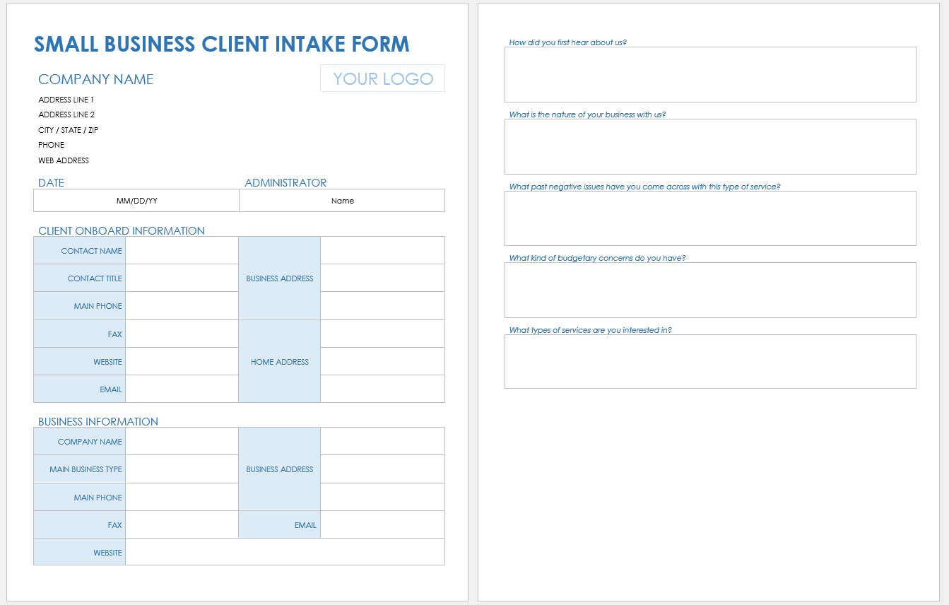 Small Business Client Intake Form Template