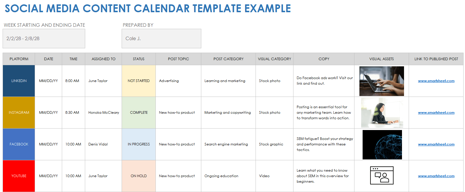 Social Media Content Calendar Example Template
