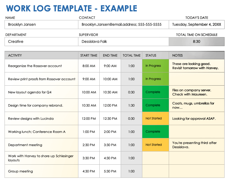 Work Log Template Example