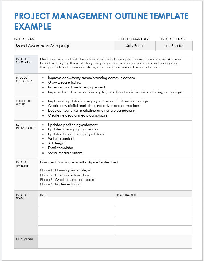 Project Management Outline Example Template