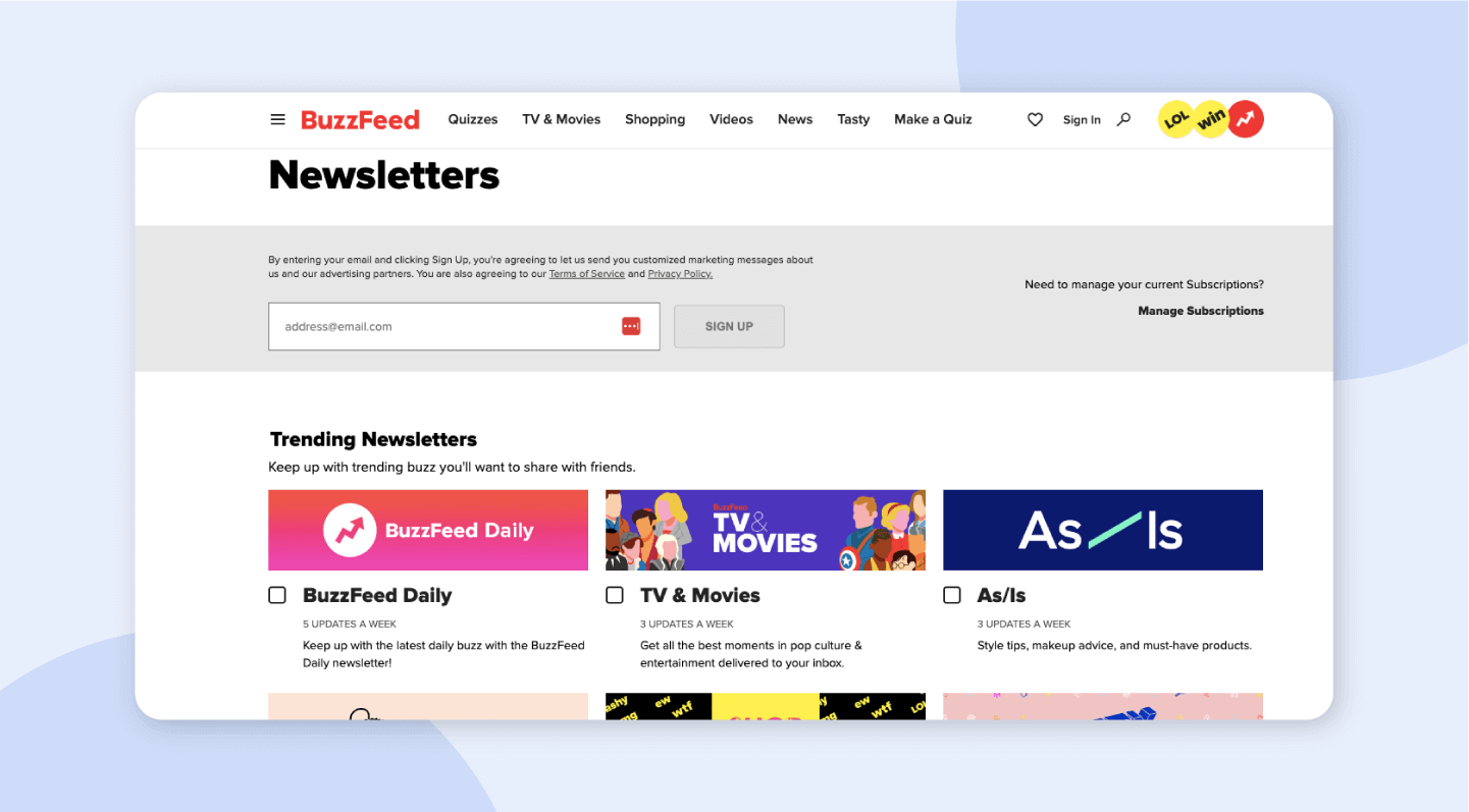 Buzzfeed newsletter sign-up landing page.