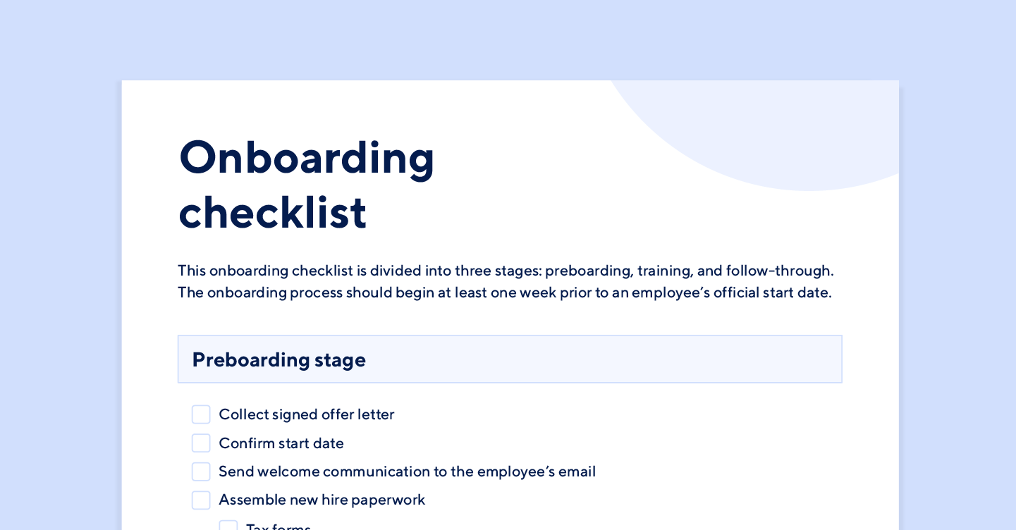 Onboarding checklist divided into the three stages of onboarding.