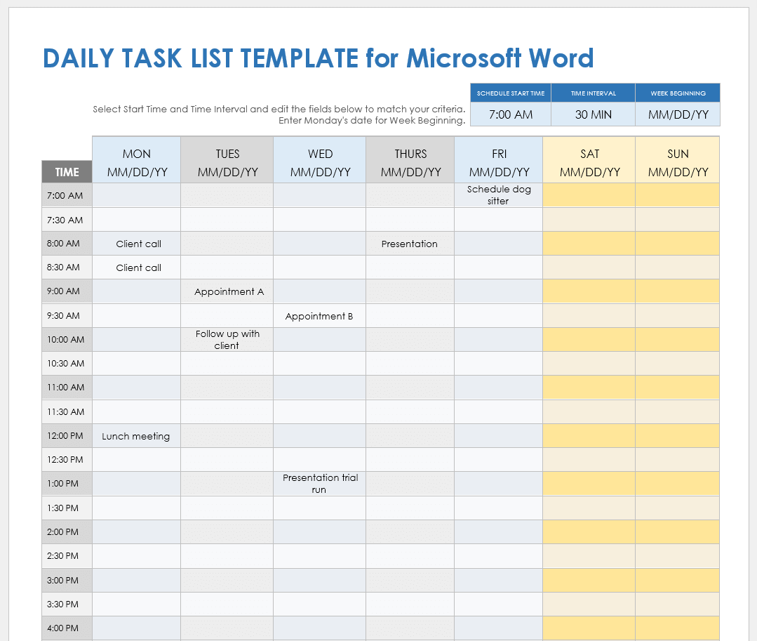 Daily Task List Template Microsoft Word