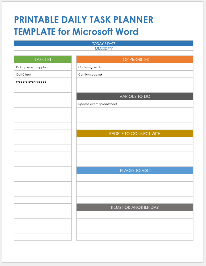 Printable Daily Task Planner Template Microsoft Word