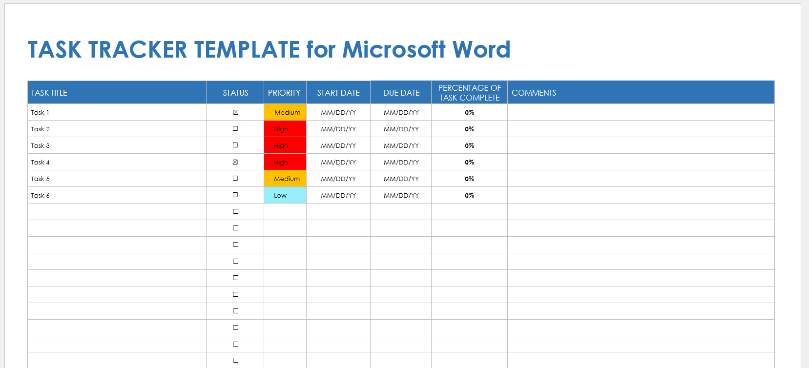 Task Tracker Template Microsoft Word