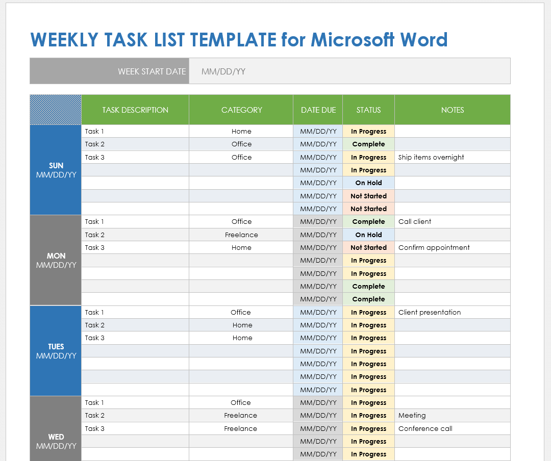 Weekly Task List Template Microsoft Word
