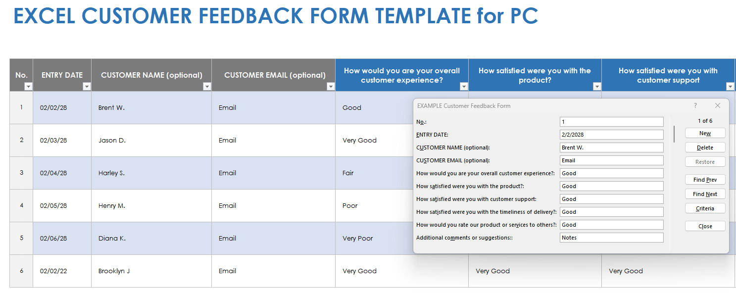 Customer Feedback Form Excel Template