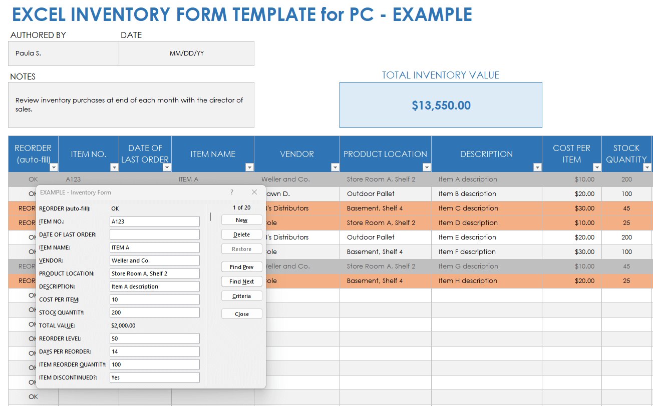 Inventory Form Excel Example Template