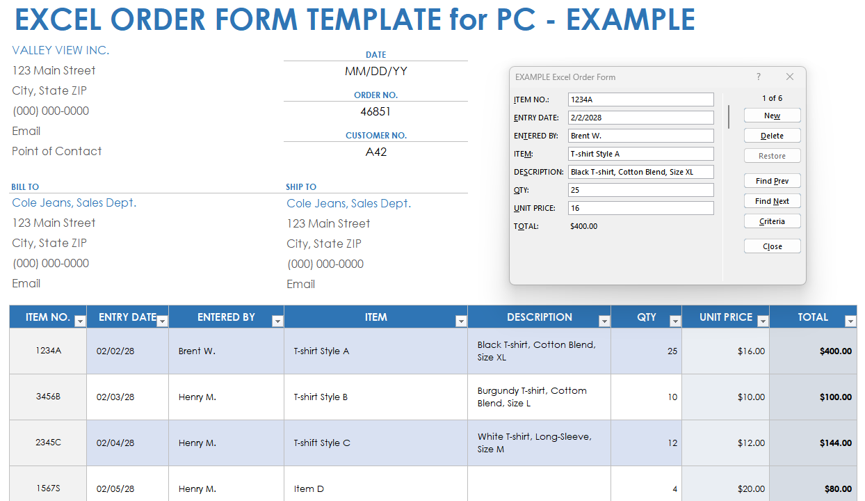 Order Form Excel Example Template