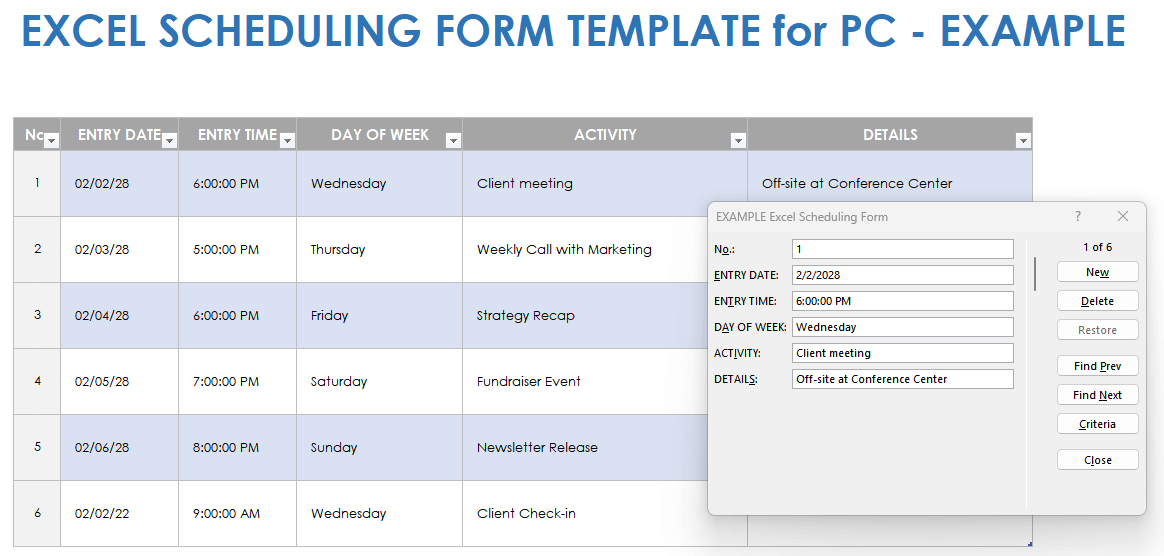 Scheduling Form Excel Example Template