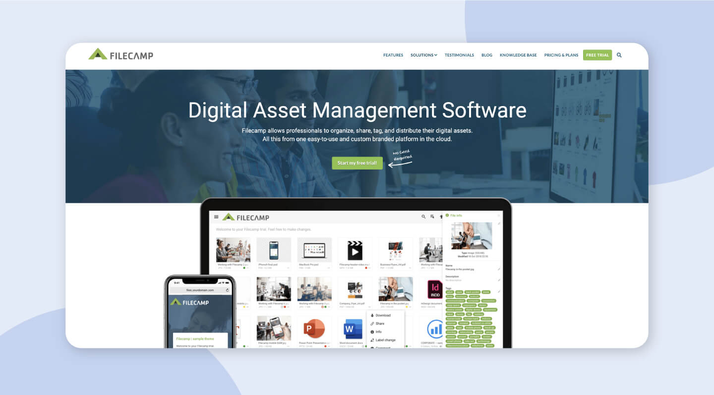 Filecamp incorporates customizable assets in its DAM software.