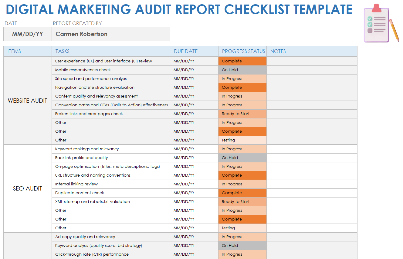 Digital Marketing Audit Report Checklist Template