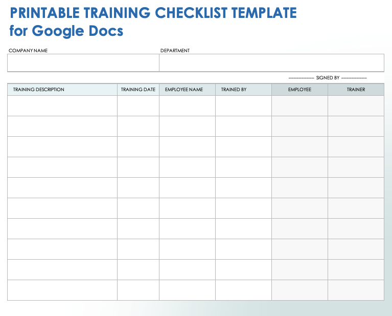 Google Docs Printable Training Checklist Template