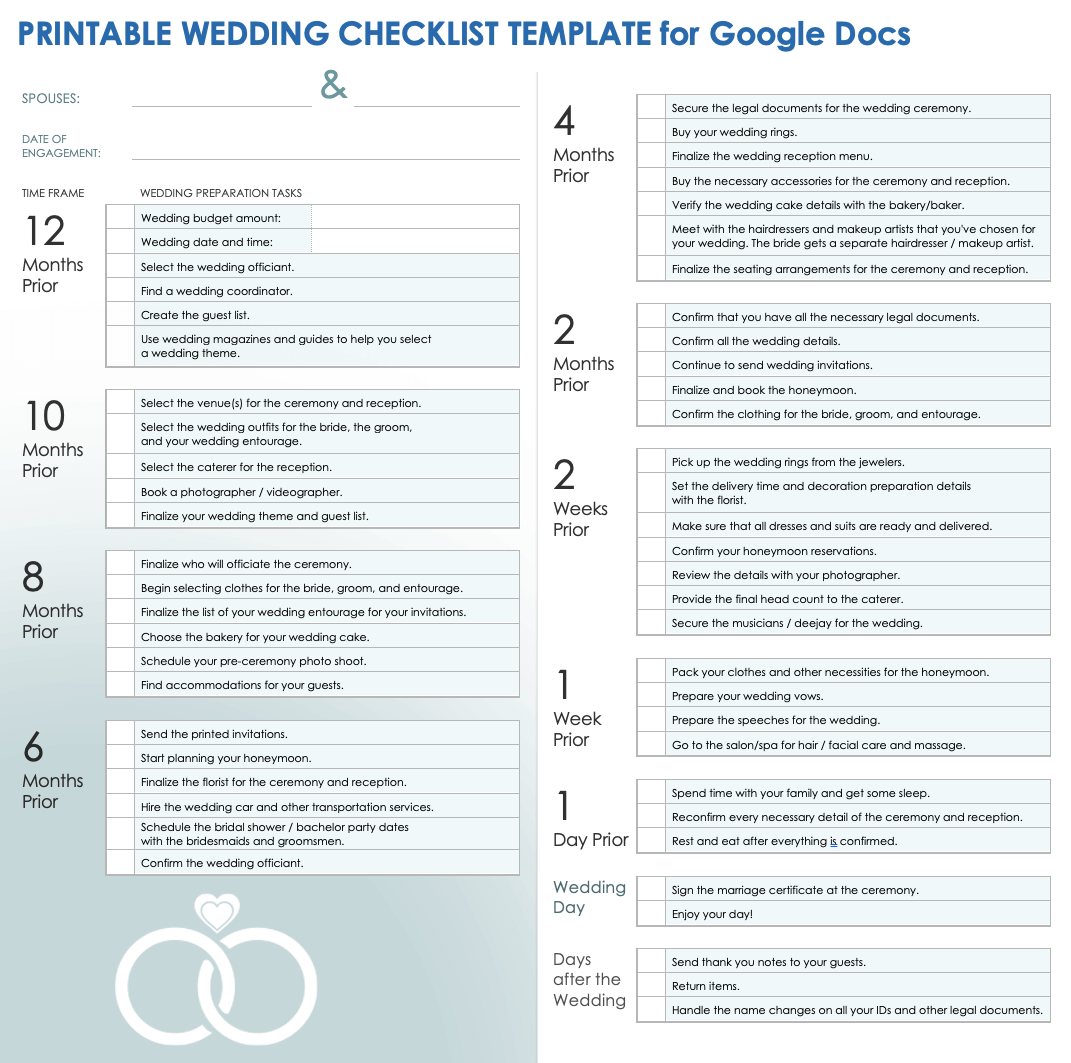 Google Docs Printable Wedding Checklist Template