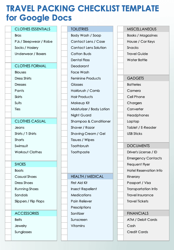 Google Docs Travel Packing Checklist Template